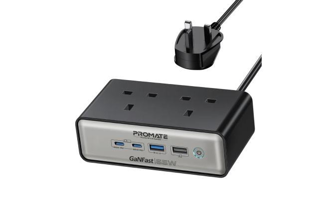 Promate PowerBrix2-GaN65, 65W Power Delivery GaNFast Charging Station with 3250W Dual AC Socket